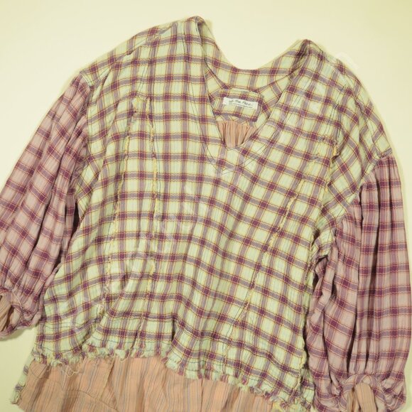 Free People Blouse Womens S Cream Oversized Solstice Plaid Top - Picture 2 of 9